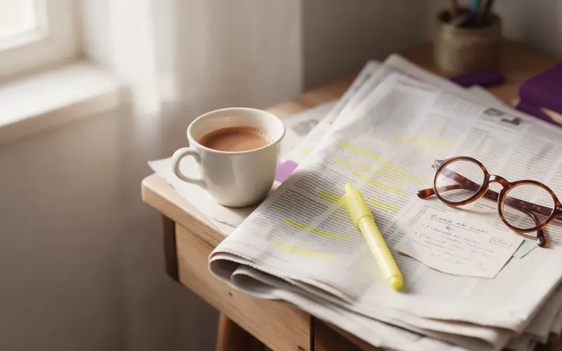 A newspaper with highlighted passages, reading glasses, a highlighter, study notes and a cup of tea