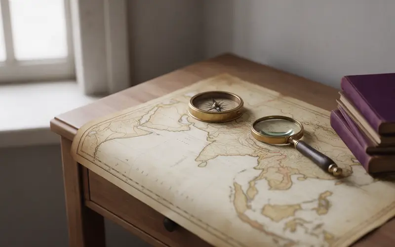 An antique map on a desk with a compass, a magnifying glass and a stack of books