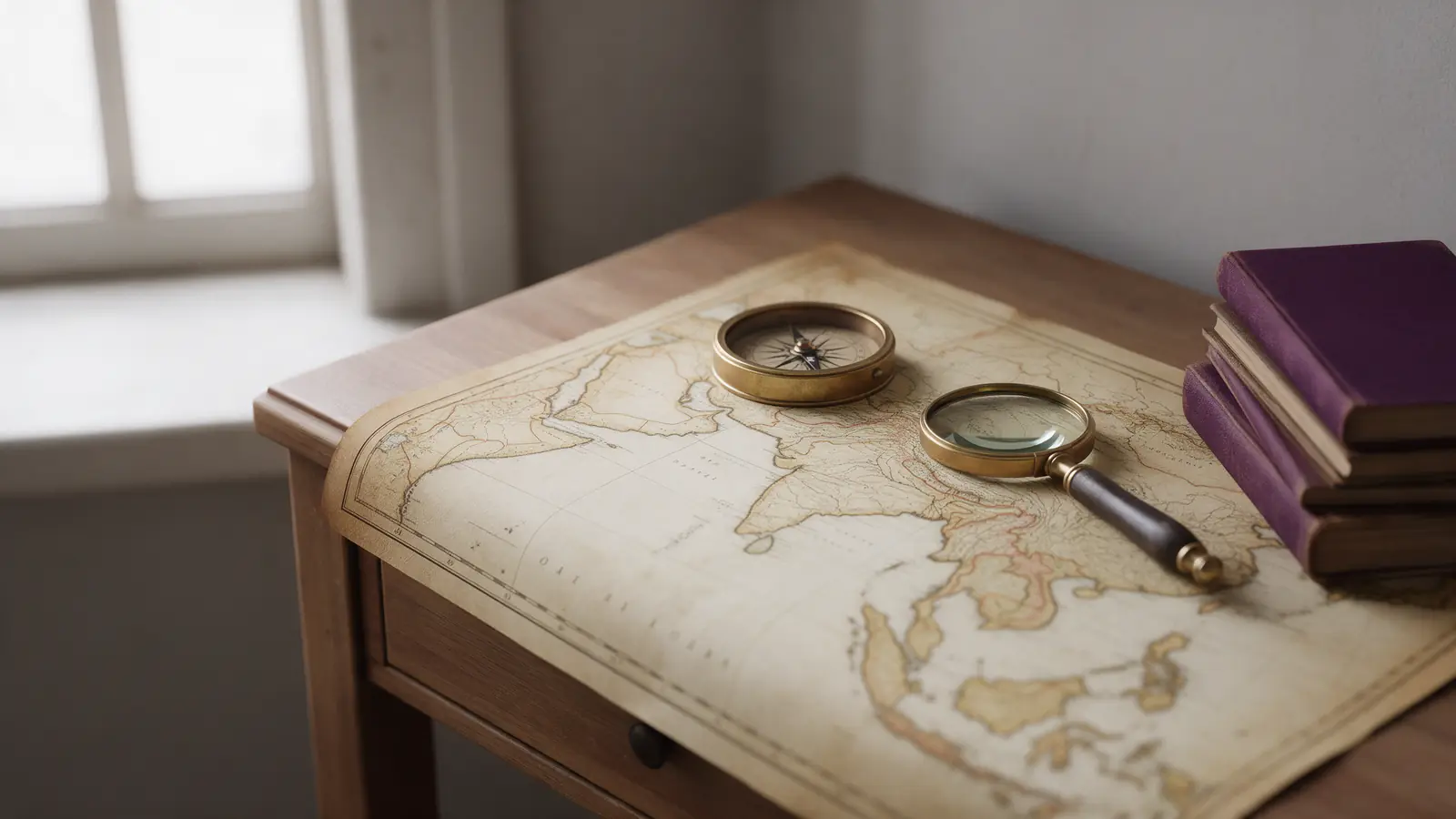 An antique map on a desk with a compass, a magnifying glass and a stack of books