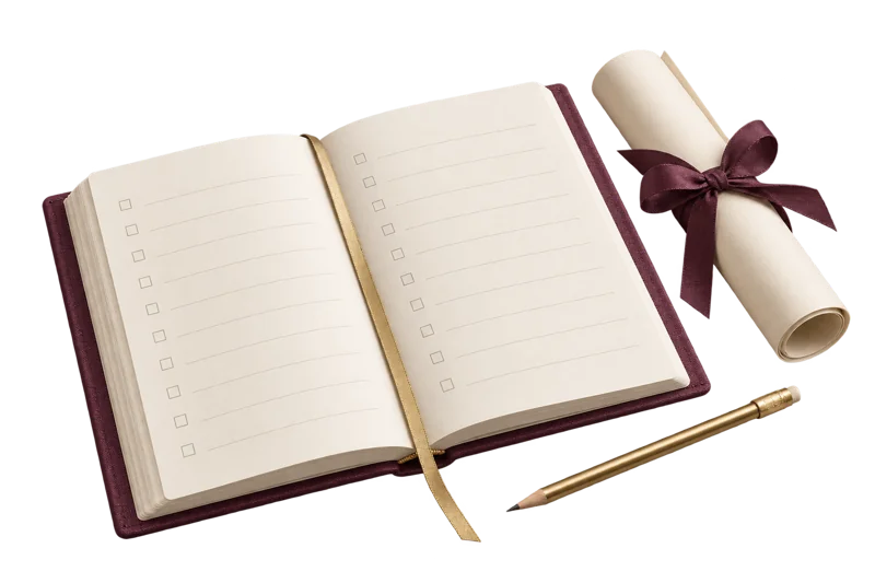 An open planner with a brass bookmark and pencil